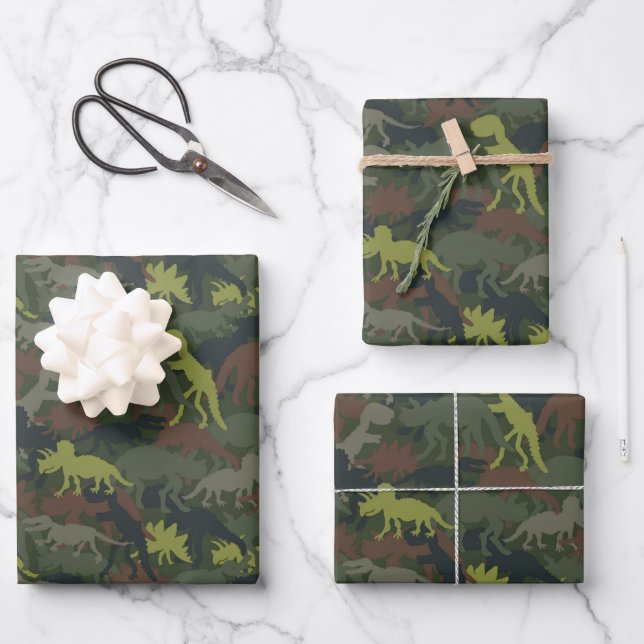 Feuille De Papier Cadeau Dinosaur Silhouette Camouflé Cadeau Anniversaire (Recto)