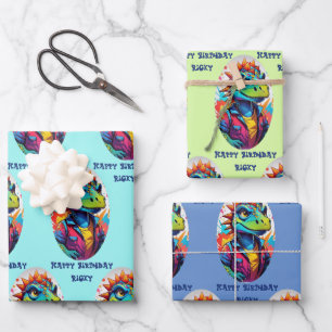 Feuille De Papier Cadeau Dinosaur Tough Kid Ajouter Nom 3 Anniversaire