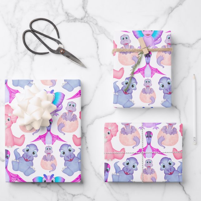 Feuille De Papier Cadeau Dinosaure Aquarelle rose Baby shower d'anniversair (Recto)