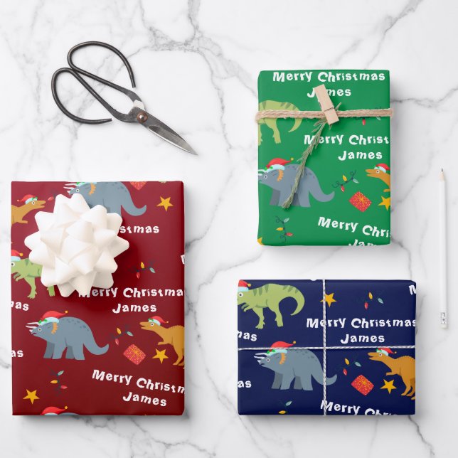 Feuille De Papier Cadeau Dinosaure Cute personnalisée Père Noël Joyeux Noël (Recto)