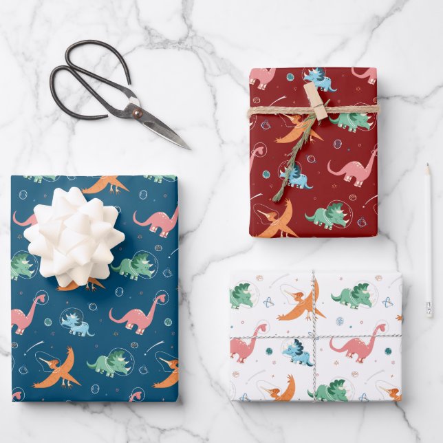 Feuille De Papier Cadeau Dinosaure de l'espace extra-atmosphérique Noël (Recto)