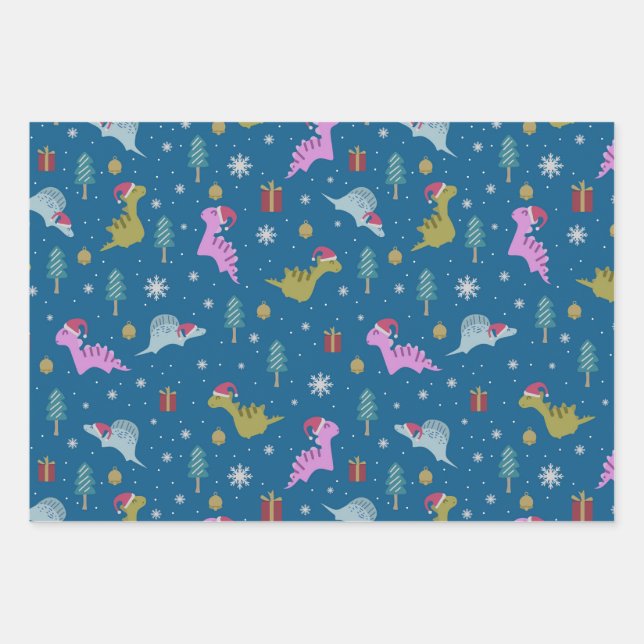 Feuille De Papier Cadeau Dinosaure de Noël bleu (Devant)