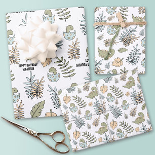 Feuille De Papier Cadeau Dinosaure Dinosaure bleu vert Nom du garçon