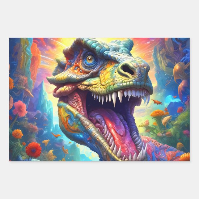 Feuille De Papier Cadeau Dinosaure Imaginaire T-Rex (Devant)
