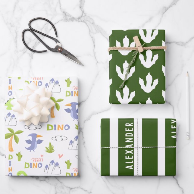 Feuille De Papier Cadeau Dinosaure personnalisé Enfants blancs et verts (Recto)