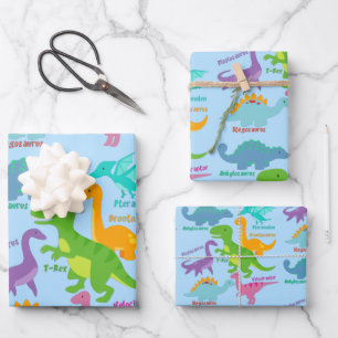 Feuille De Papier Cadeau Dinosaure Pour Enfants Et Noms Bleu