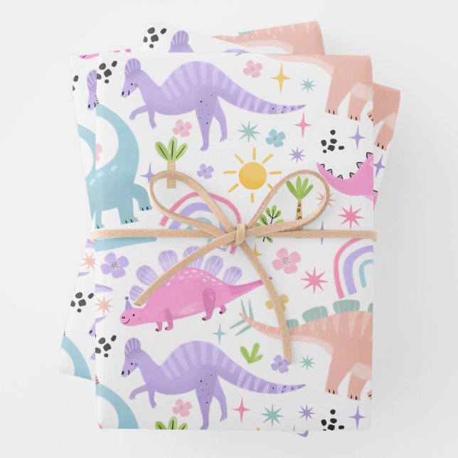 Feuille De Papier Cadeau Dinosaure rose fête d'anniversaire (En situation)
