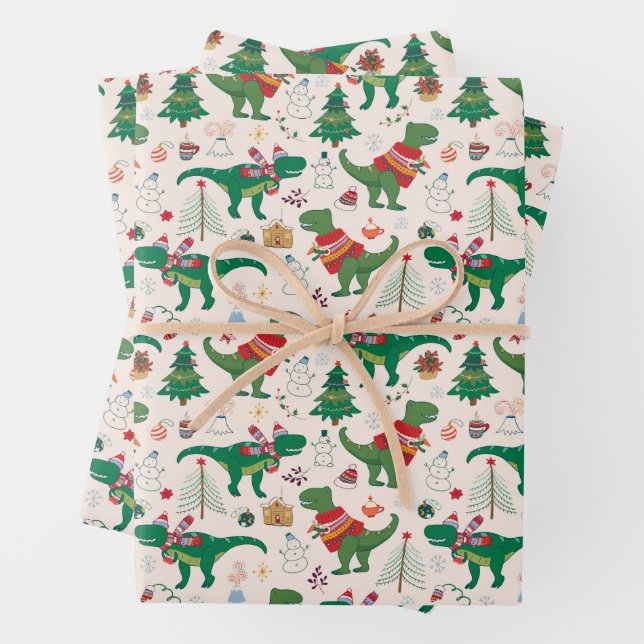 Feuille De Papier Cadeau Dinosaures dans Sweaters Motif de Noël (En situation)