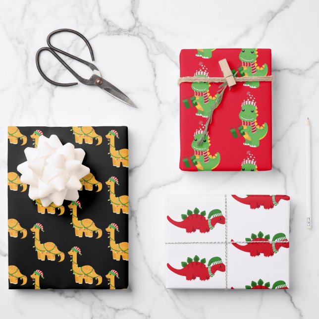 Feuille De Papier Cadeau Dinosaures de Noël (Recto)