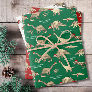Feuille De Papier Cadeau Dinosaures de Noël mignons avec un prénom de garço