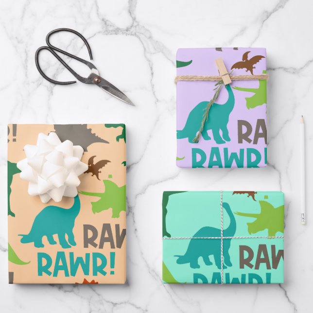 Feuille De Papier Cadeau Dinosaures préhistoriques rétro Cadeau d'anniversa (Recto)