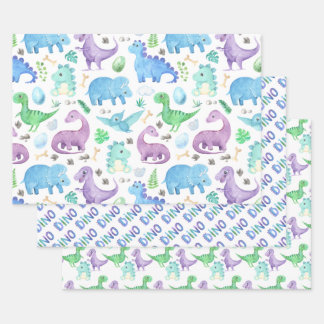 Feuille De Papier Cadeau Dinosaures verts violets bleus pour enfants