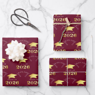 Feuille De Papier Cadeau Diplômé 2026 Bordeaux Bourgogne Or Félicitations N