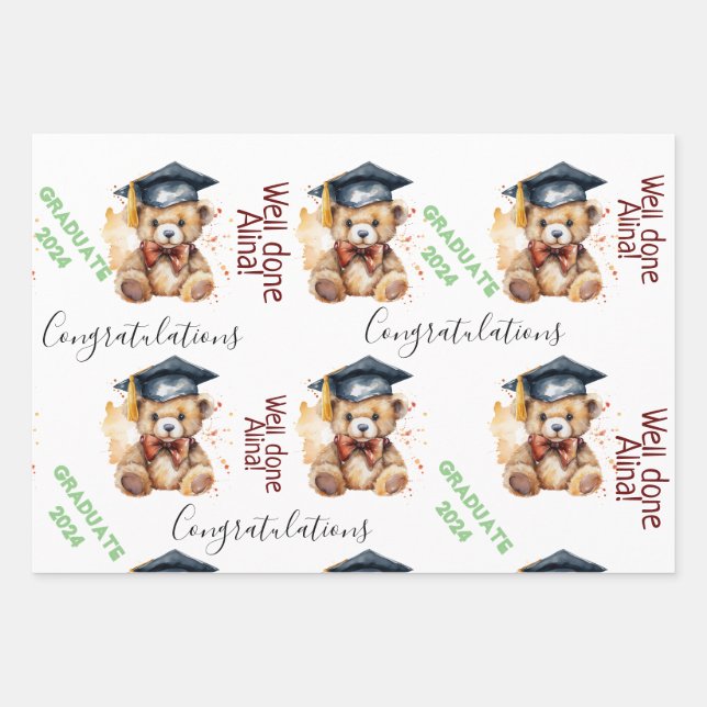 Feuille De Papier Cadeau diplôme cadeau degrés fête mignonne ours (Devant)