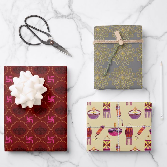Feuille De Papier Cadeau Diwali, cadeau à motif indien enveloppant 3 feuill (Recto)
