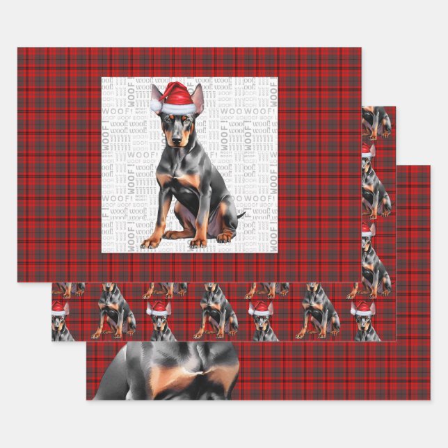 Feuille De Papier Cadeau Doberman Pinshcer Christmas Dog and Red Plaid (Lot)