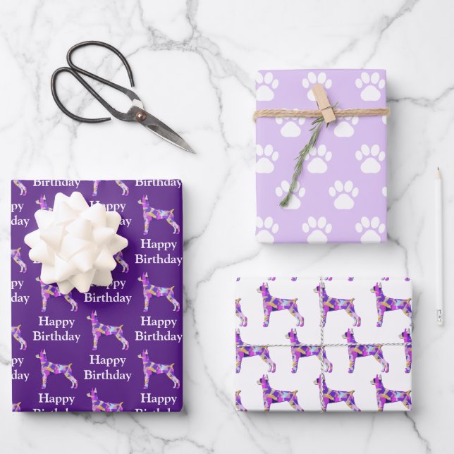 Feuille De Papier Cadeau Dobmerman Pinsher Chien Silhouette violet Annivers (Recto)