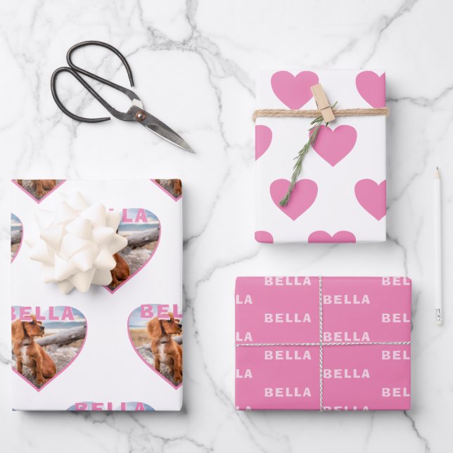 Feuille De Papier Cadeau Dog Photo Name Pink Heart Pet (Recto)