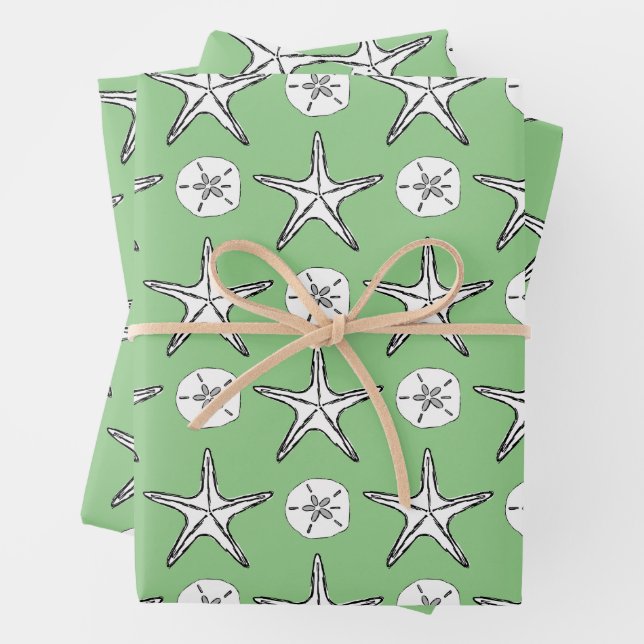 Feuille De Papier Cadeau Dollar de sable de Starfish Croquis vert Motif (En situation)