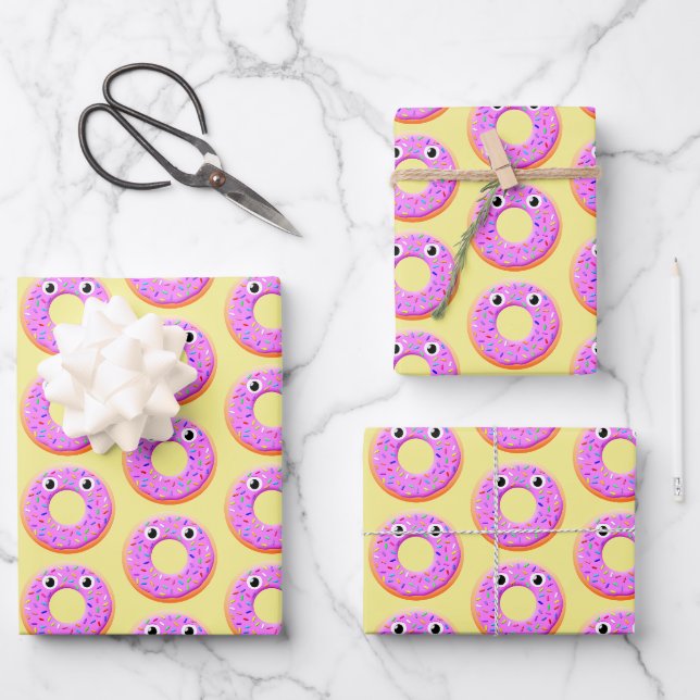 Feuille De Papier Cadeau Donut Avec Les Yeux Et Saupoudrer Motif Dessin (Recto)