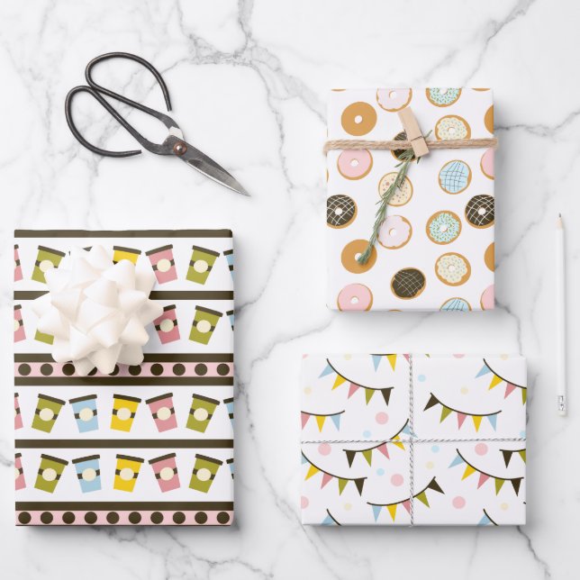 Feuille De Papier Cadeau Donuts et Garlands Boulangerie Pastel Anniversaire (Recto)