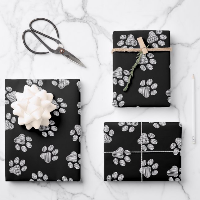 Feuille De Papier Cadeau Doodle Paws, pattes de chien, pattes blanches (Recto)