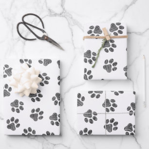 Feuille De Papier Cadeau Doodle Paws, pattes de chien, pattes noires