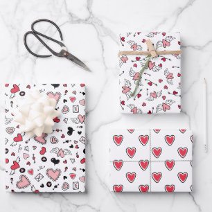 Feuille De Papier Cadeau Doodled Pink Heart Motifs Love Valentine's Day