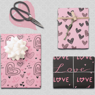 Feuille De Papier Cadeau Doodles d'amour moderne mignons Coeurs rose et noi