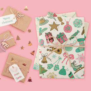 Feuille De Papier Cadeau Doodles de Noël rétro