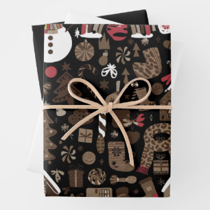 Feuille De Papier Cadeau Doodles de Noël Retro Vacances Arbres Vintages