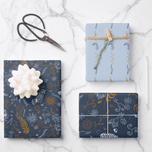 Feuille De Papier Cadeau Doodles floraux en bleu (Recto)
