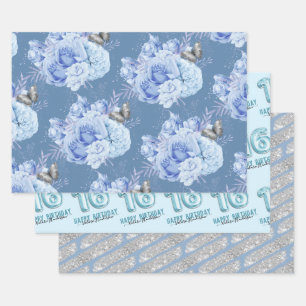 Feuille De Papier Cadeau Douce 16e anniversaire Fleur bleue