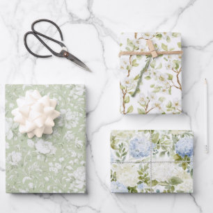 Feuille De Papier Cadeau Douce Mariée Fleurie Verte et Blanche