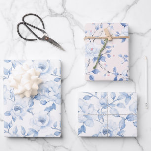 Feuille De Papier Cadeau Douche de Mariage Florale Bleue et Blanche Élégant