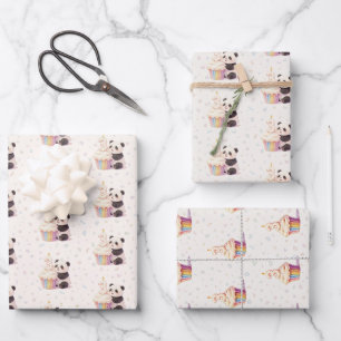 Feuille De Papier Cadeau Doux Panda Pastel Bébé 3ème Anniversaire