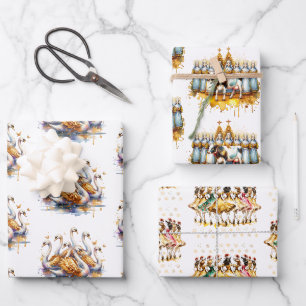 Feuille De Papier Cadeau Douze Jours de Noël Or Festif