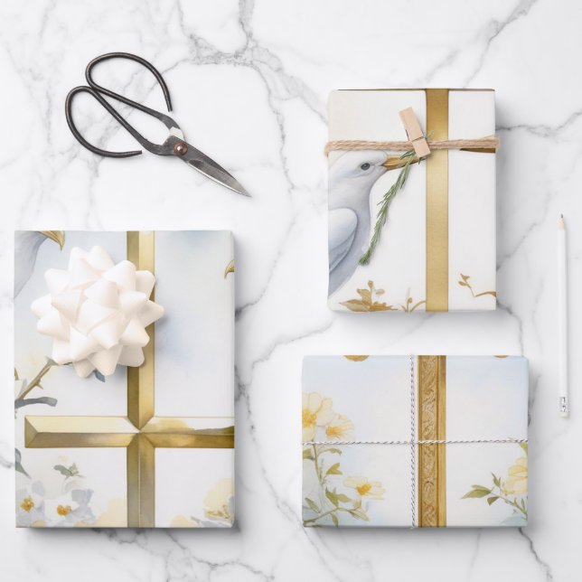 Feuille De Papier Cadeau Doves et croix sacrées (Recto)