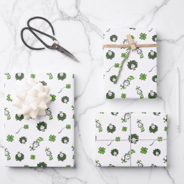 Feuille De Papier Cadeau Dr Seuss | Chat dans le Motif Casquette Clover (Recto)