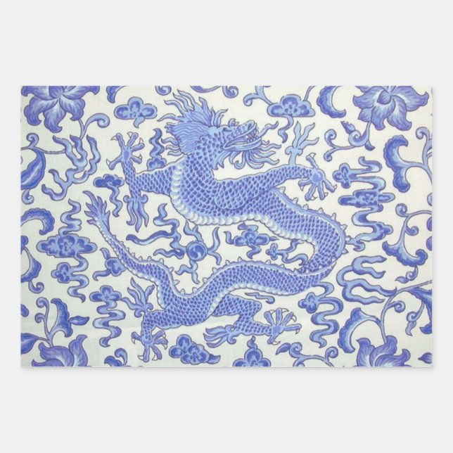 Feuille De Papier Cadeau Dragon chinois bleu et blanc découpage floral (Devant)