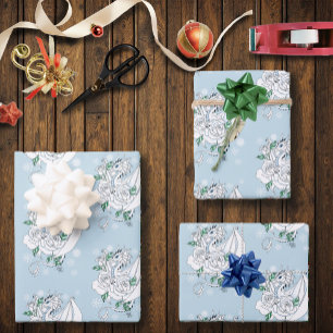 Feuille De Papier Cadeau Dragon de glace élégant blanc Roses bleues Fantais