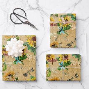 Feuille De Papier Cadeau Dragonflies Tournesols Baby shower d'anniversaire