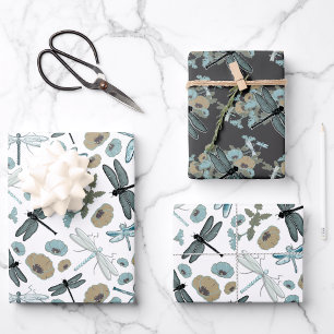 Feuille De Papier Cadeau Dragonfly Chic Stylish Flowers Blue Grey Gold