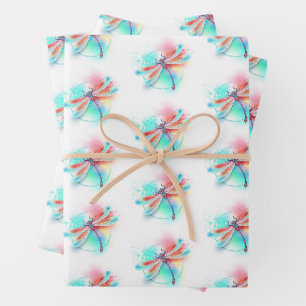 Feuille De Papier Cadeau Dragonfly rouge sur l'arrière - plan aquarelle
