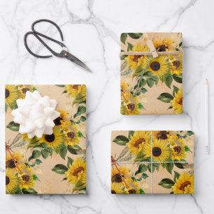 Feuille De Papier Cadeau Dragonlies de bouquet de tournesol jaune vintage