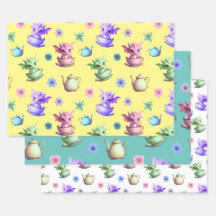 Dragons de thé avec théières et fleurs