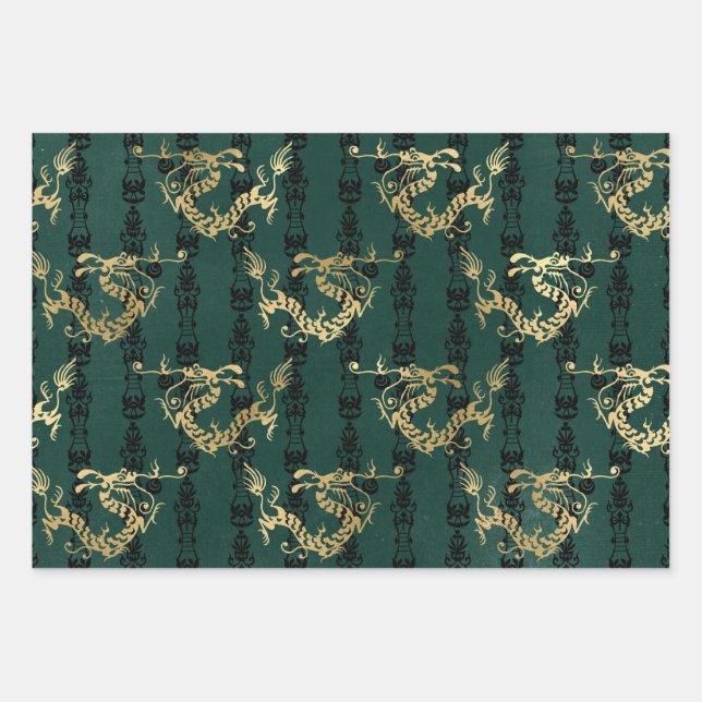 Feuille De Papier Cadeau Dragons d'or sur Green (Devant)