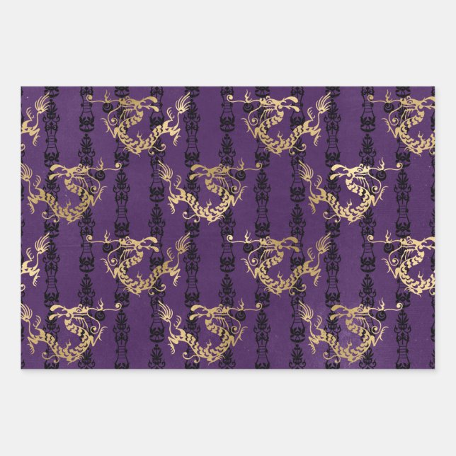 Feuille De Papier Cadeau Dragons d'or sur violet (Devant)