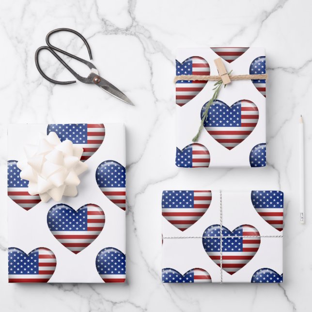 Feuille De Papier Cadeau Drapeau américain | Icône Coeur 3D (Recto)