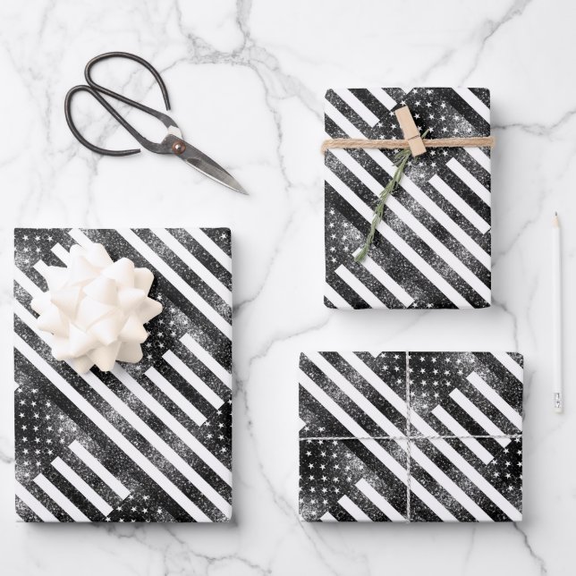Feuille De Papier Cadeau Drapeau américain noir et blanc pétillants parties (Recto)